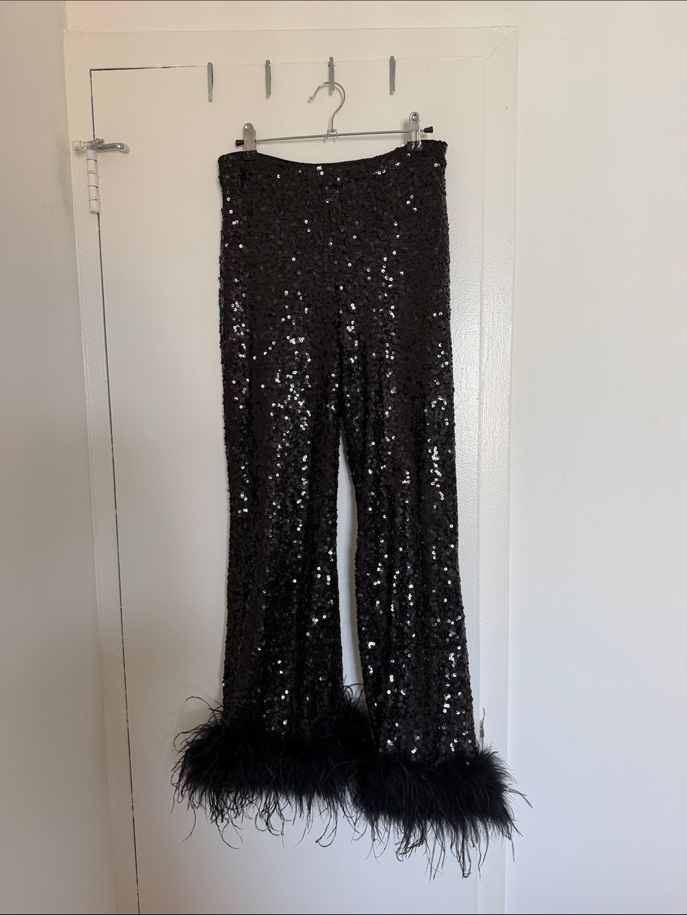 Hutch Black Sequin Wide-Leg Pants with Feather Hem